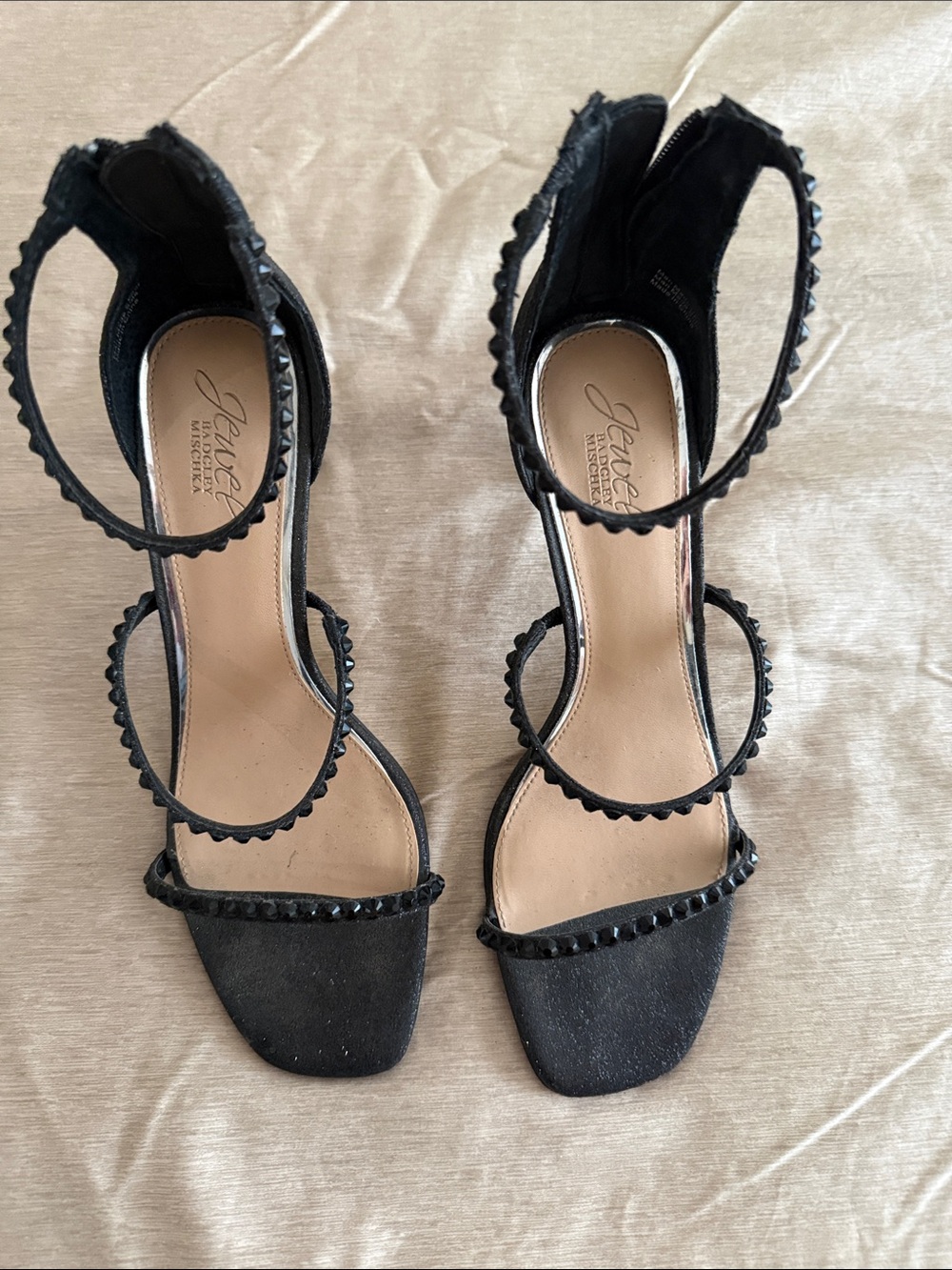 Badgley Mischka Black Scalloped Triple-Strap Studded Heels